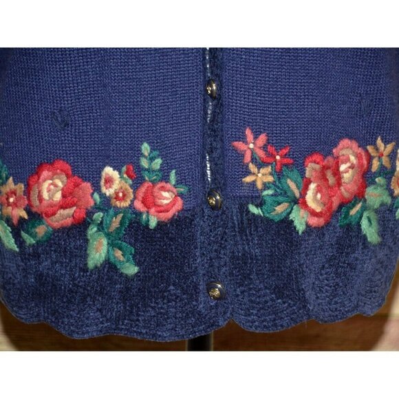 Vintage Koret Ladies L Blue Wool Blend Cardigan Vest Sweater Embroidered Floral - Picture 3 of 11